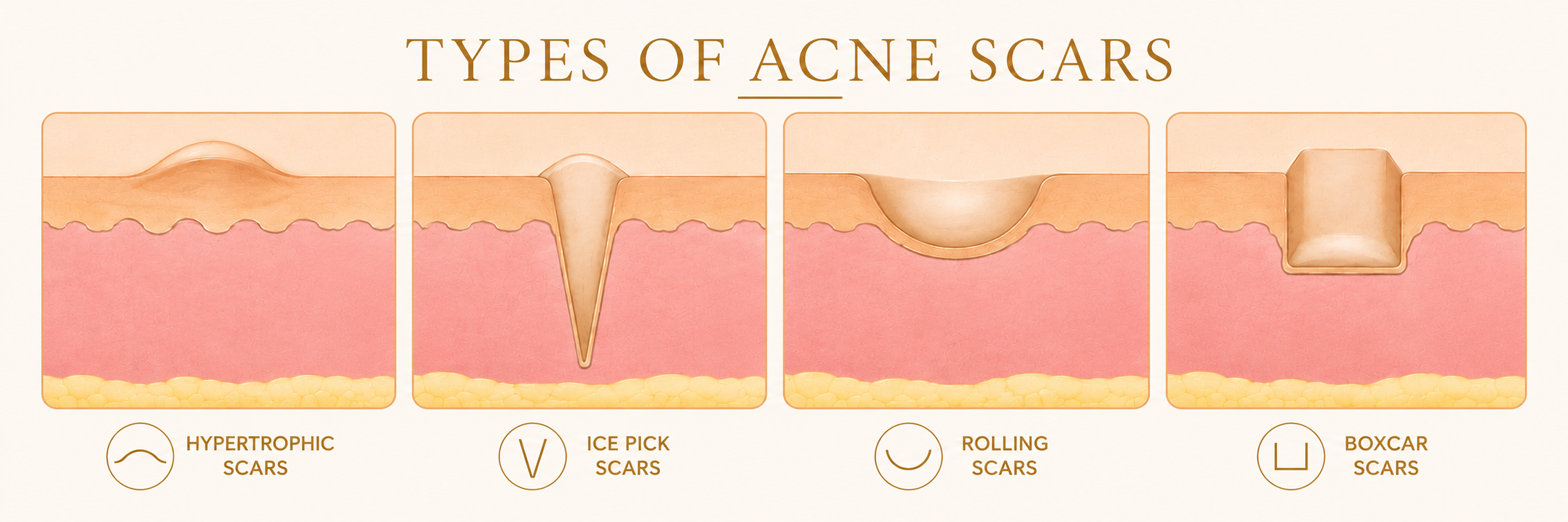 Types of acne scars including ice pick, rolling, boxcar and hypertrophic scars